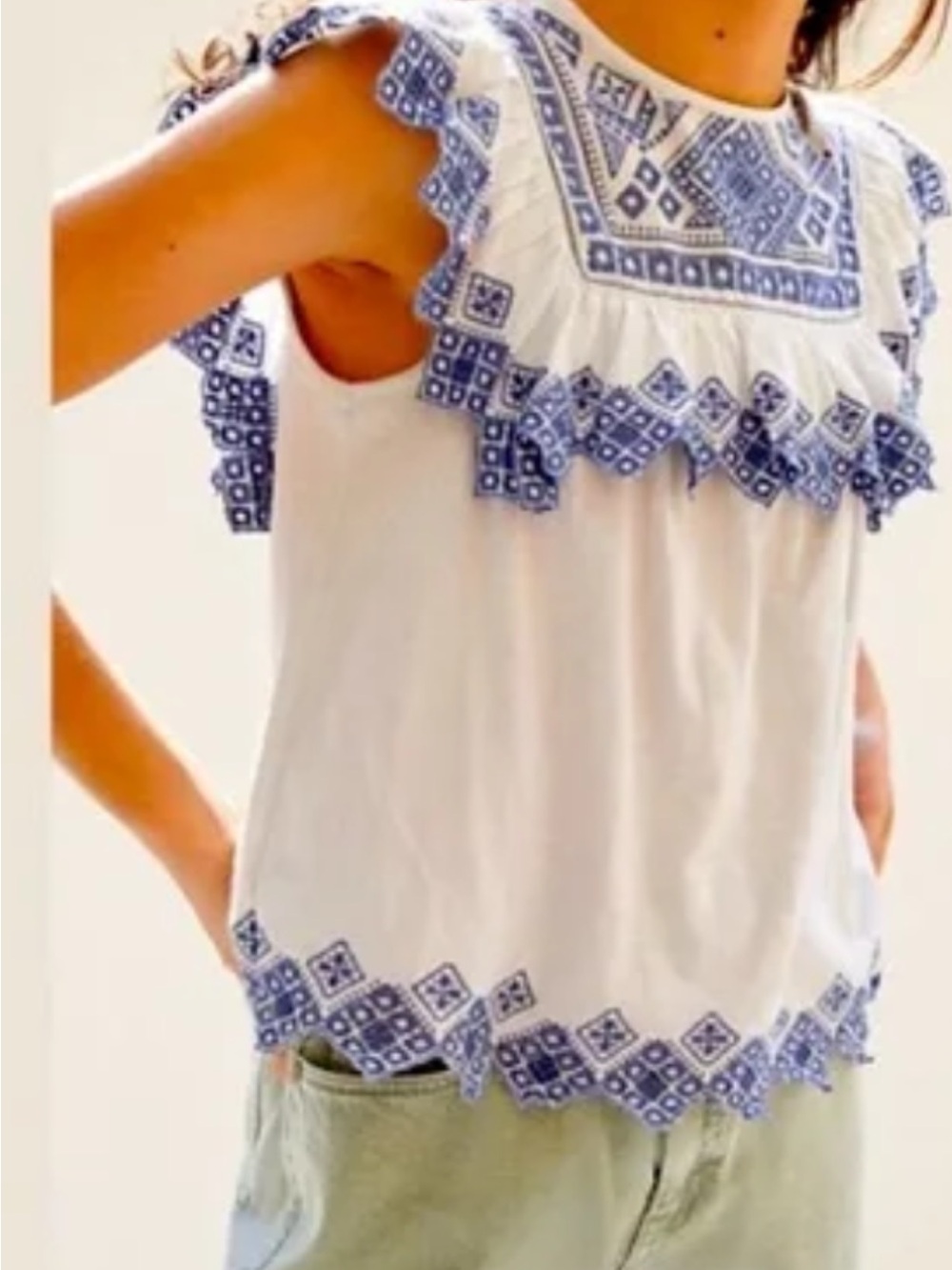 NWT Jennifer & Grace White With Navy Embroidery & Ruffle Detail Boho Small